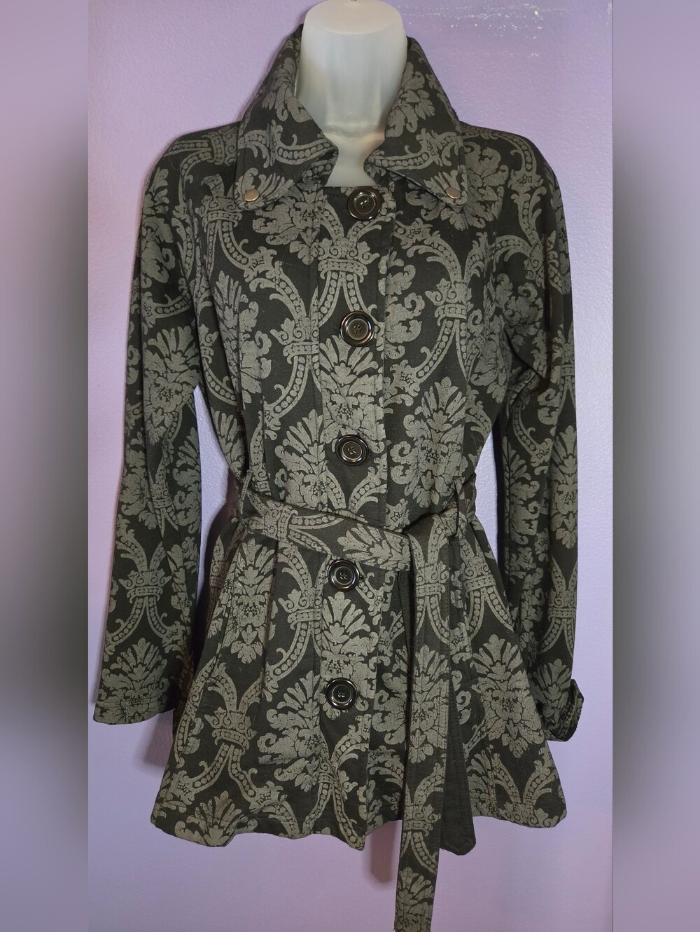 Black And Gray Damask Coat with Belt